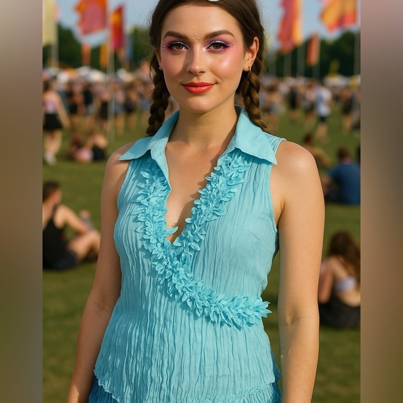 Kaelyn Max Blue Sleeveless accordion ruffle front Blouse Size XL - Picture 2 of 13